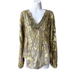 HALE BOB Top Silk Lurex Metallic Burnout Jewels V-neck Long Sleeve Blouse Size S